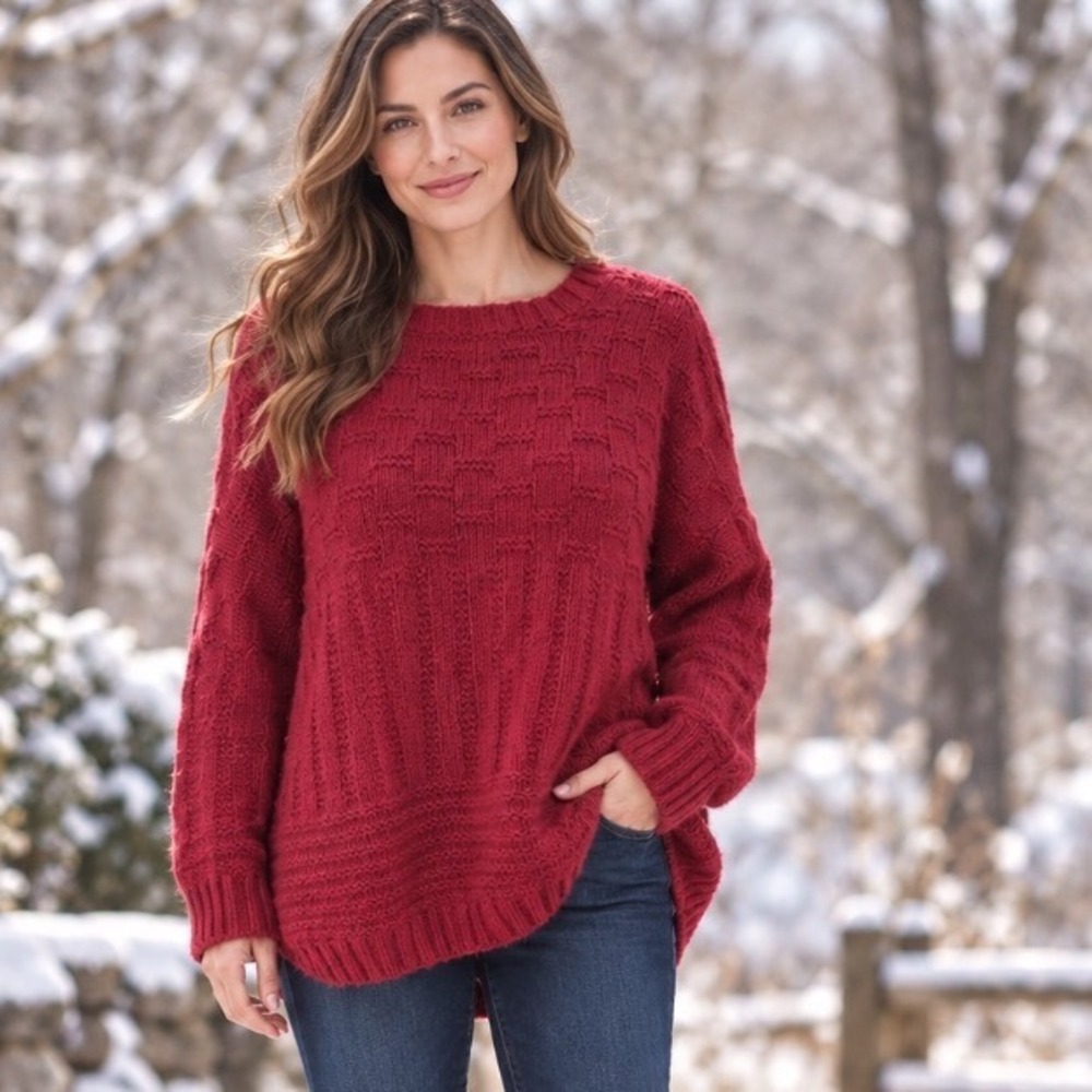 Handmade Knit Crewneck Sweater Cranberry Red Long Sleeve Pullover szxxl